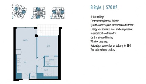 A diagram of a B Style layout with a list of features and measurements.
